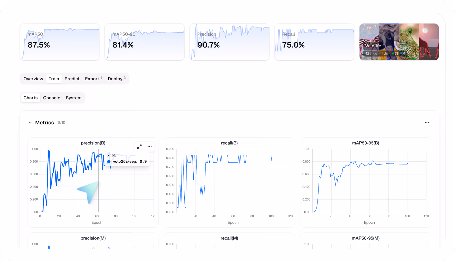 Ultralytics model training dashboard showing experiment metrics.